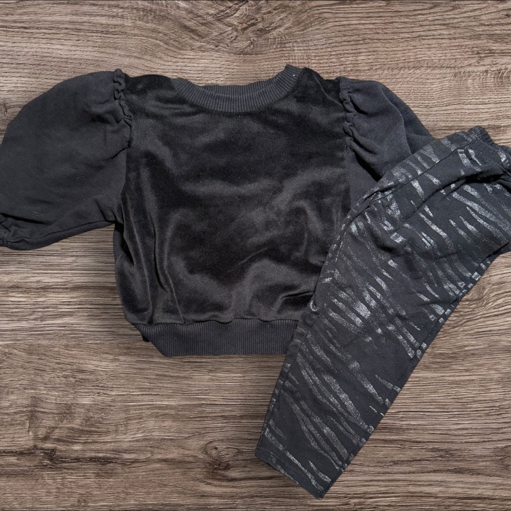 Black Velvet Top and Patterned Leggings Set